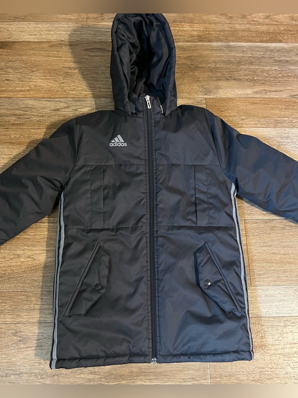 adidas Black Hooded Puffer Coat with Side Stripes